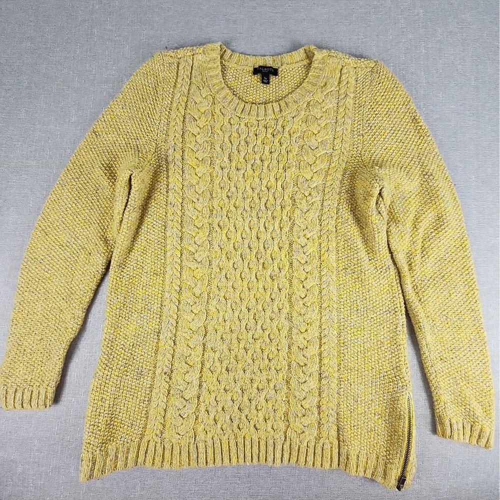 Talbots Sweater Womens Small Petite Yellow Cable Knit Side Zips Fisherman Merino